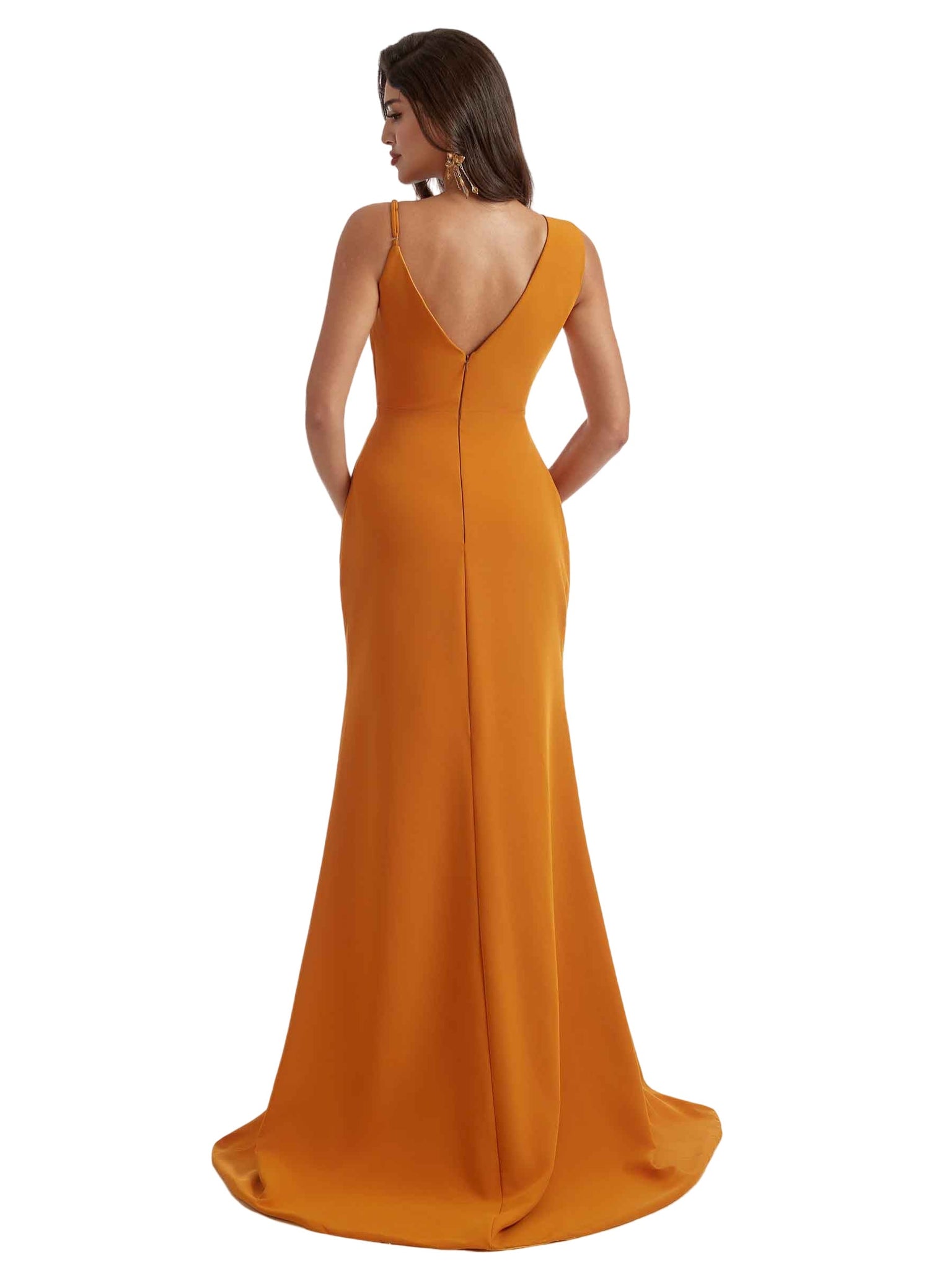 Sexy Side Slit Asymmetric Straps V-Neck Mermaid Crepe Long Bridesmaid Dress For Wedding