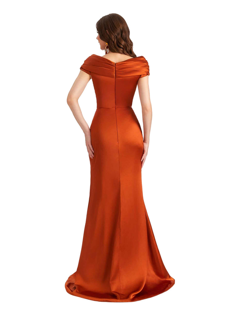 Elegant Off The Shoulder Silky Satin Mermaid Long Bridesmaid Dresses Slit
