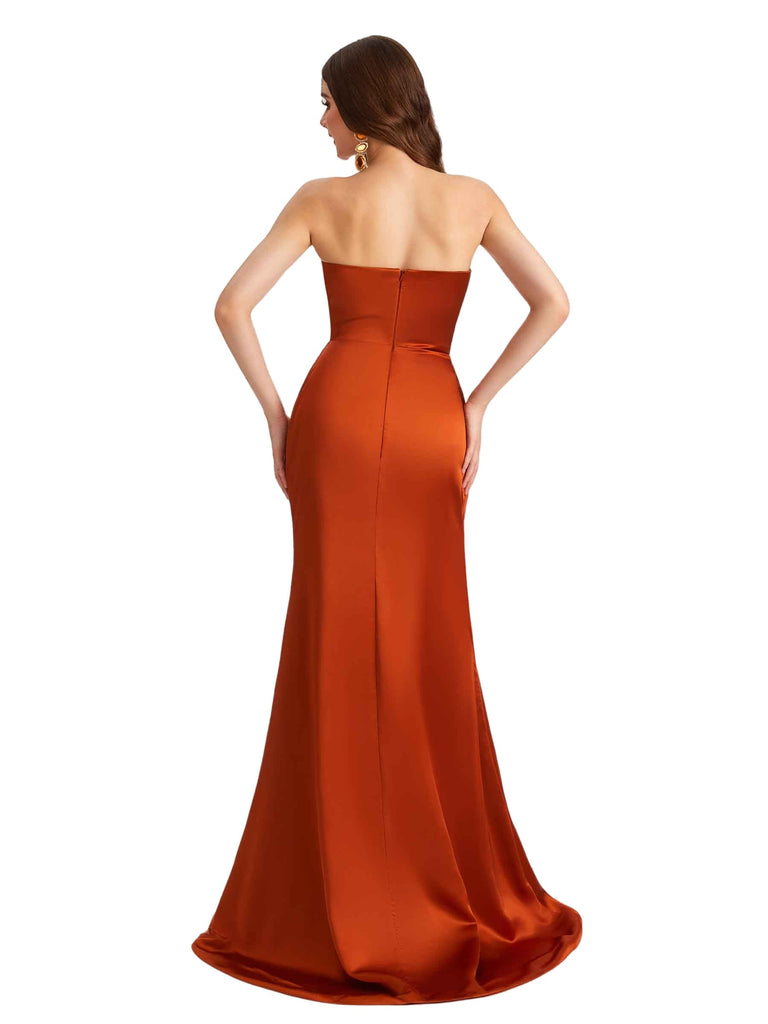 Elegant Sweetheart Strapless Silky Satin Side Split Mermaid Long Bridesmaid Dresses