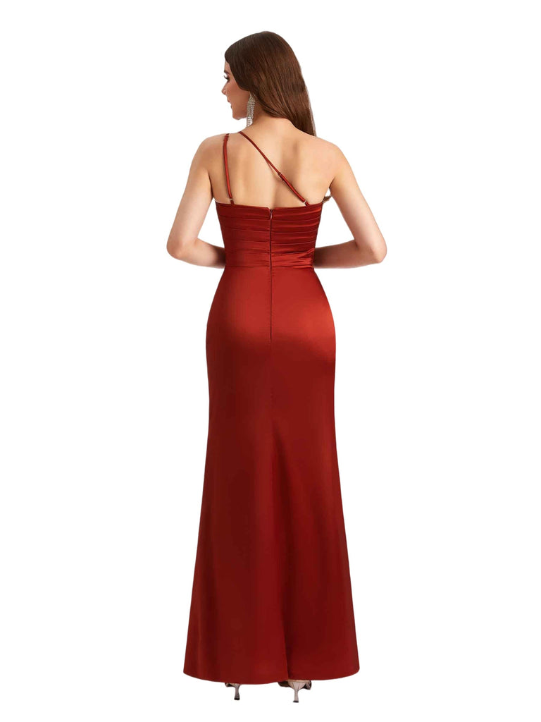 Modern One Shoulder Silky Satin Mermaid Long Bridesmaid Dresses Side Split
