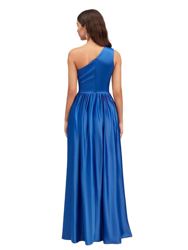 Elegant One Shoulder A-Line Side Slit Soft Satin Pretty Long Bridesmaid Dresses