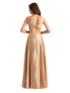 Elegant Silky Satin Spaghetti Straps A-Line Side Slit Floor Length Bridesmaid Dresses Online