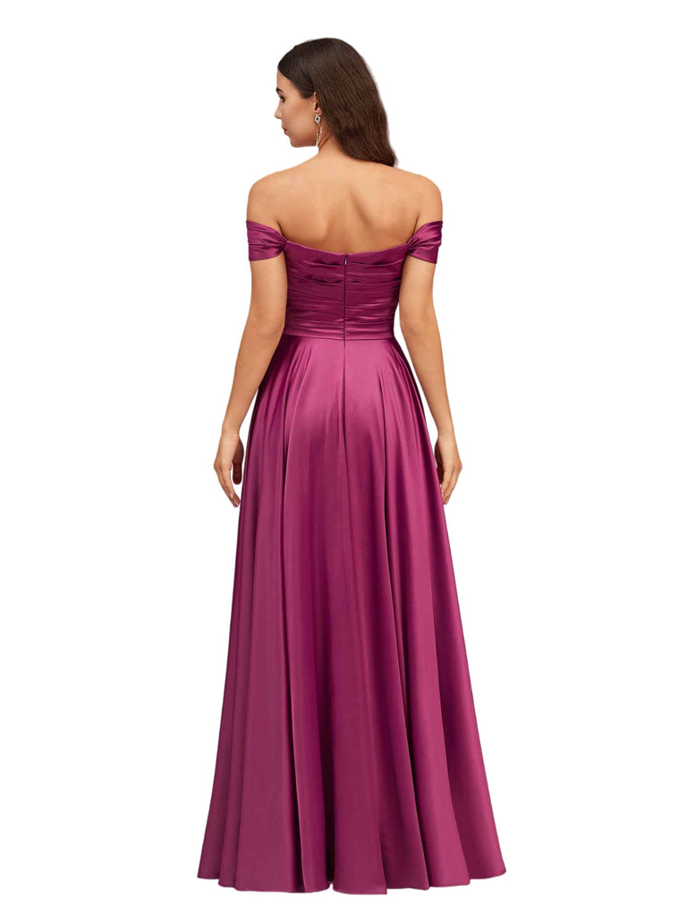 Elegant Off Shoulder A-Line Side Slit Soft Satin Long Bridesmaid Dresses
