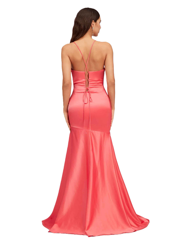 Elegant Spaghetti Straps Slit Mermaid Soft Satin Long Bridesmaid Dresses Online