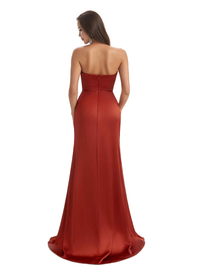 Elegant Sweetheart Ruffles Mermaid Satin Boho Chic Long Bridesmaid Dresses Slit