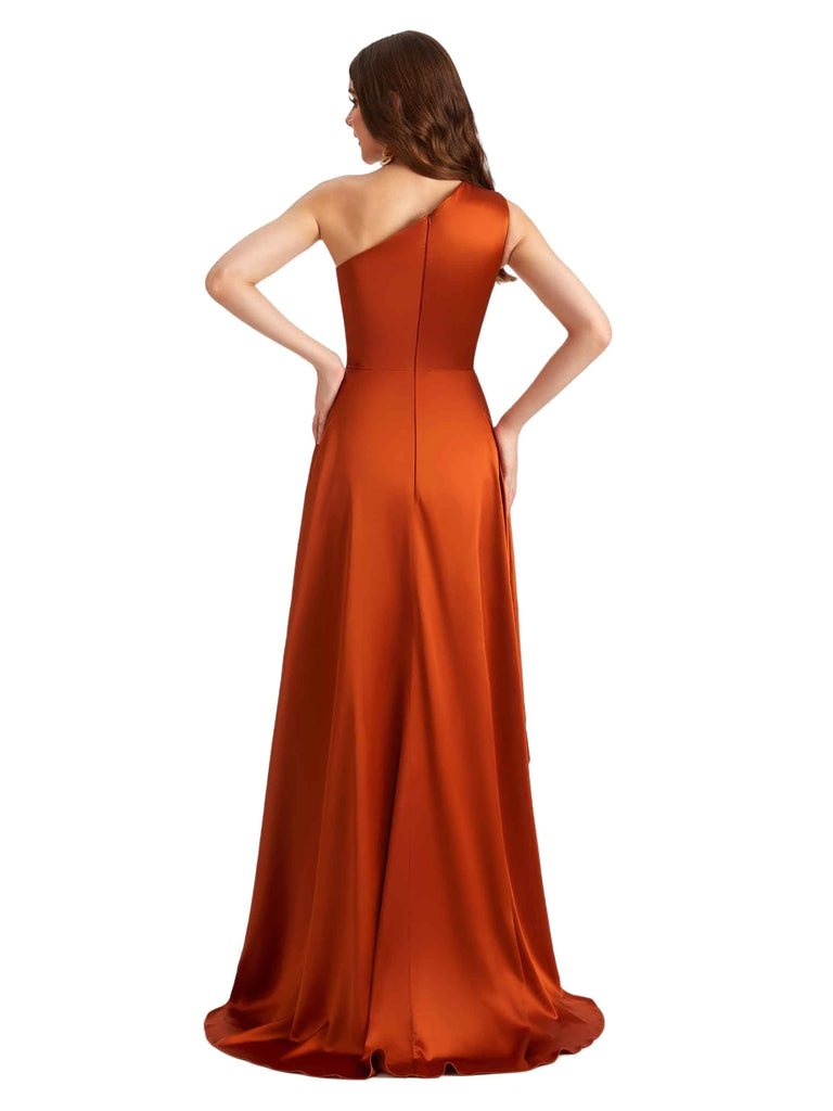 Elegant One Shoulder High Low Satin Ruched Bridesmaid Dresses Online