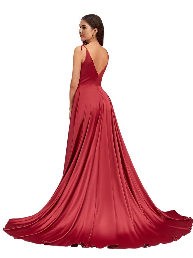Sexy V-Neck Spaghetti Straps A-Line Side Slit Soft Satin Formal Long Bridesmaid Dresses