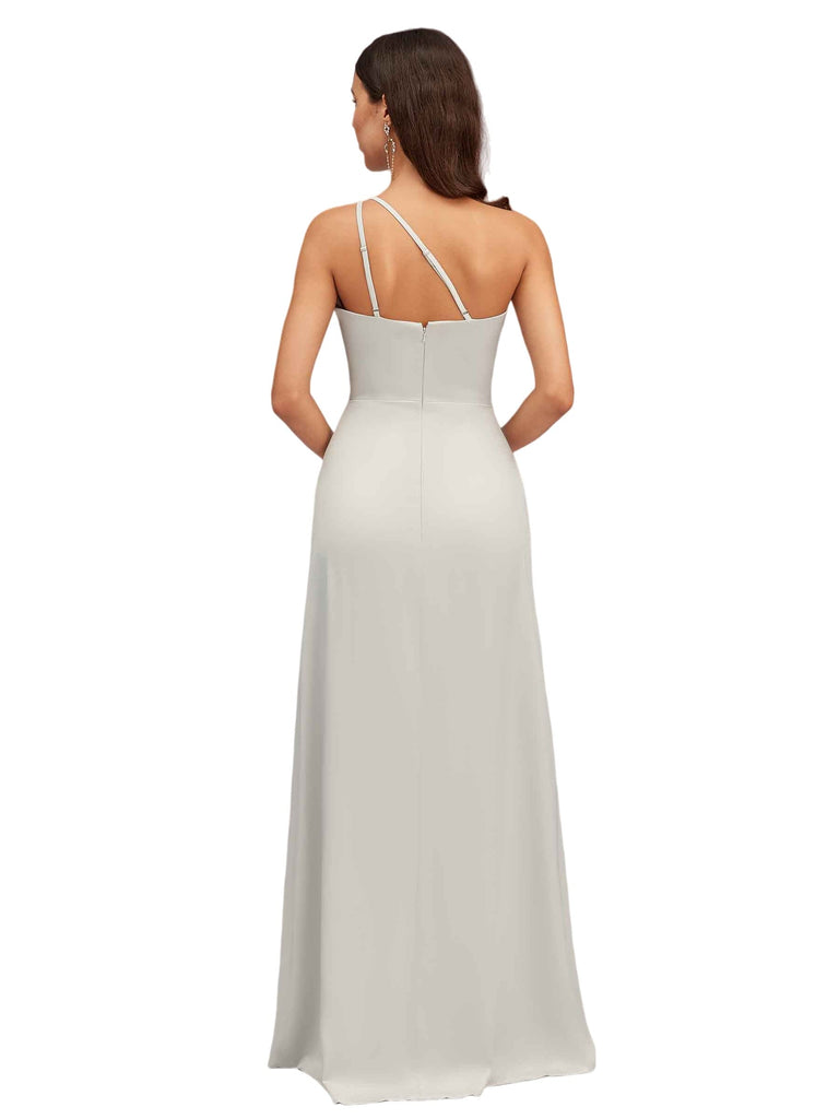 Elegant One Shoulder A-Line Side Slit Soft Satin Long Bridesmaid Dresses