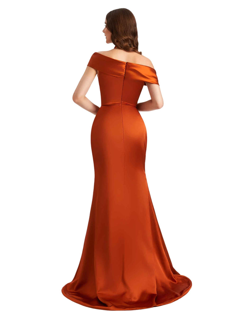 Sexy Asymmetric Silky Satin Unique Side Split Mermaid Long Bridesmaid Dresses Online