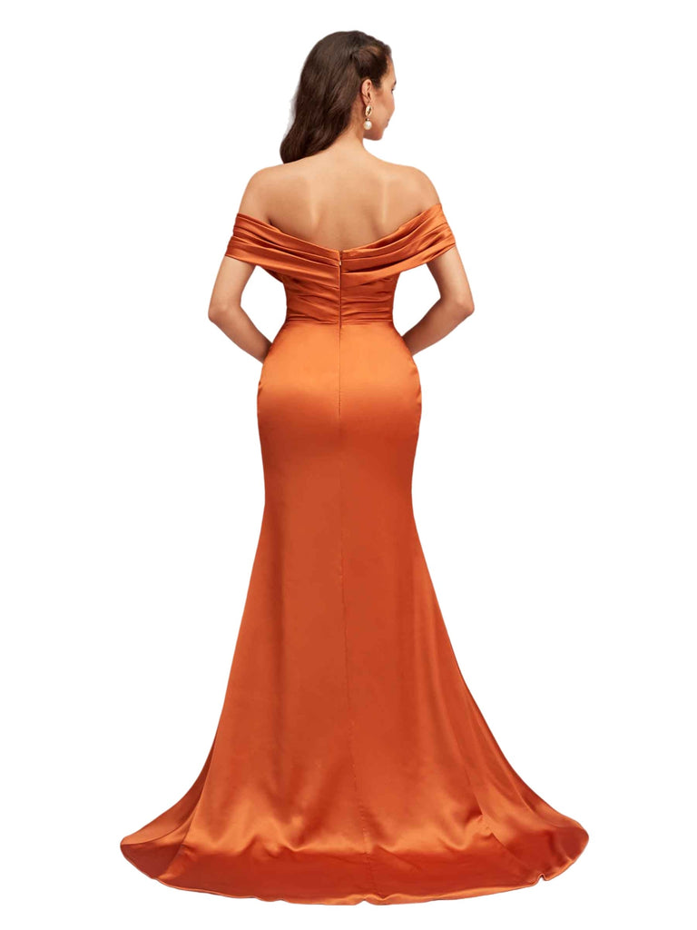 Sexy Side Slit Mermaid Off The Shoulder Soft Satin Unique Long Bridesmaid Dresses Online