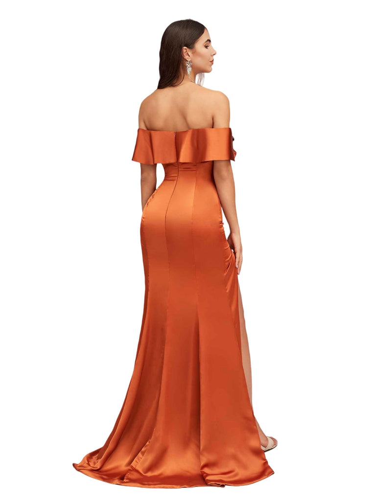 Sexy Mermaid Off The Shoulder Side Slit Soft Satin Pretty Long Bridesmaid Dresses