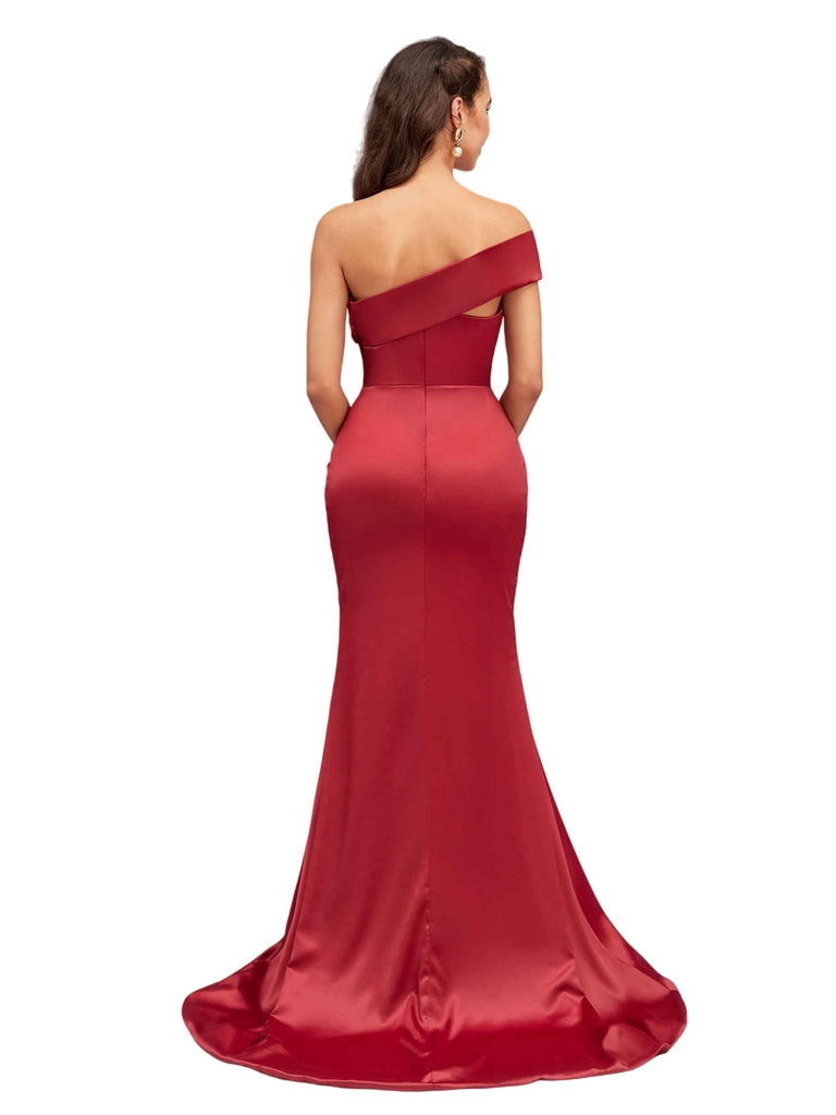 Sexy One Shoulder Mermaid Side Slit Chic Soft Satin Bridesmaid Dresses