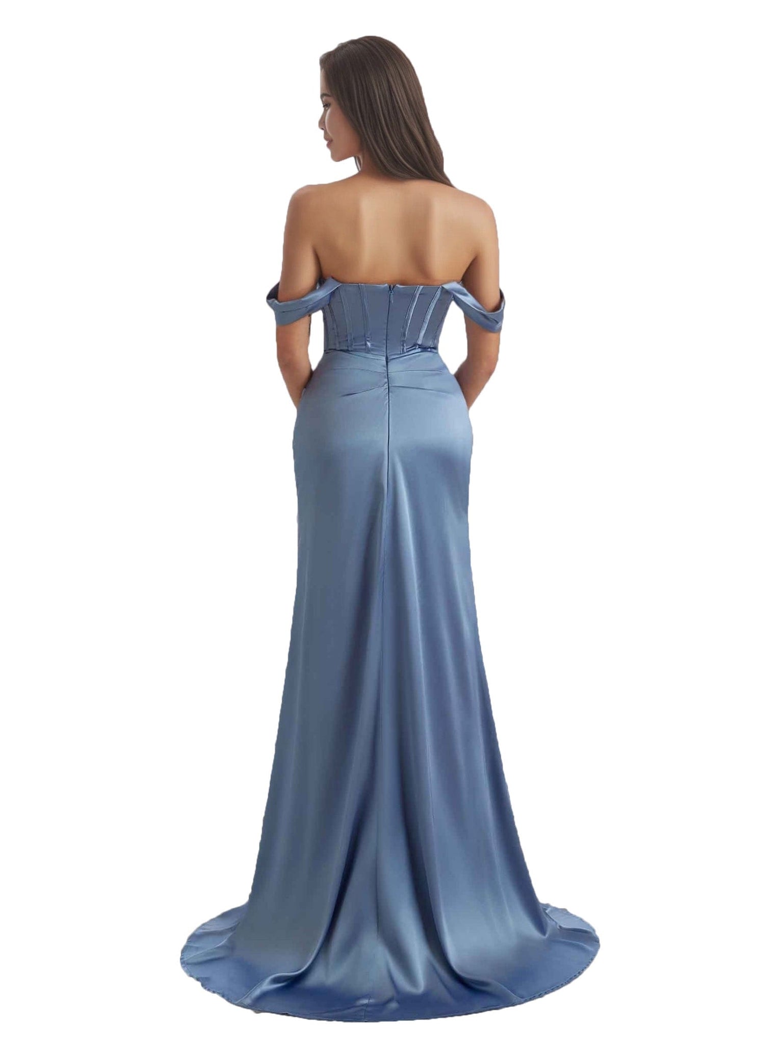 Elegant Off The Shoulder Side Split Mermaid Ruched Satin Long Bridesmaid Dresses Online