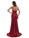 Elegant Halter Mermaid Ruched Satin Boho Chic Long Bridesmaid Dresses Slit