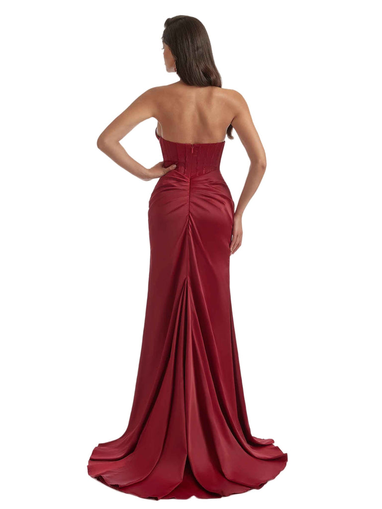 Elegant Halter Mermaid Ruched Satin Boho Chic Long Bridesmaid Dresses Slit