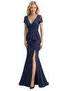 Elegant Short Sleeves V-Neck Side Slit Mermaid Crepe Long Mother of The Bride and Groom Dresses