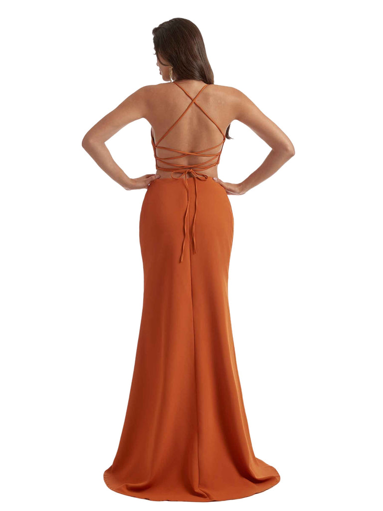 Sexy Slit Unique Mermaid Crepe Long Bridesmaid Dress For Wedding Spaghetti Straps