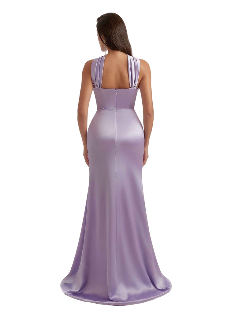 Sexy Halter Mermaid Ruched Satin Floor Length Bridesmaid Dresses Side Slit