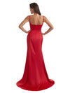 Modern Spaghetti Straps Side Split Mermaid Silky Satin Long Bridesmaid Dresses Online