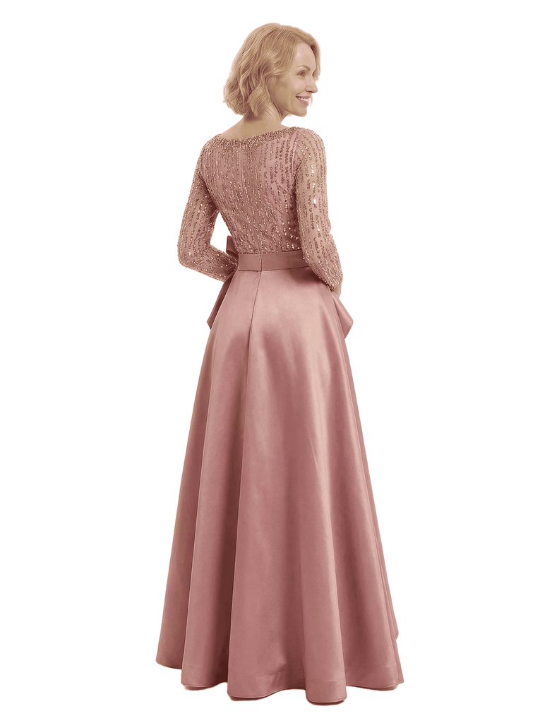 Fancy Silky Satin Ruffle Slit Sequin Long Sleeves A-Line Mother Of The Groom Gown
