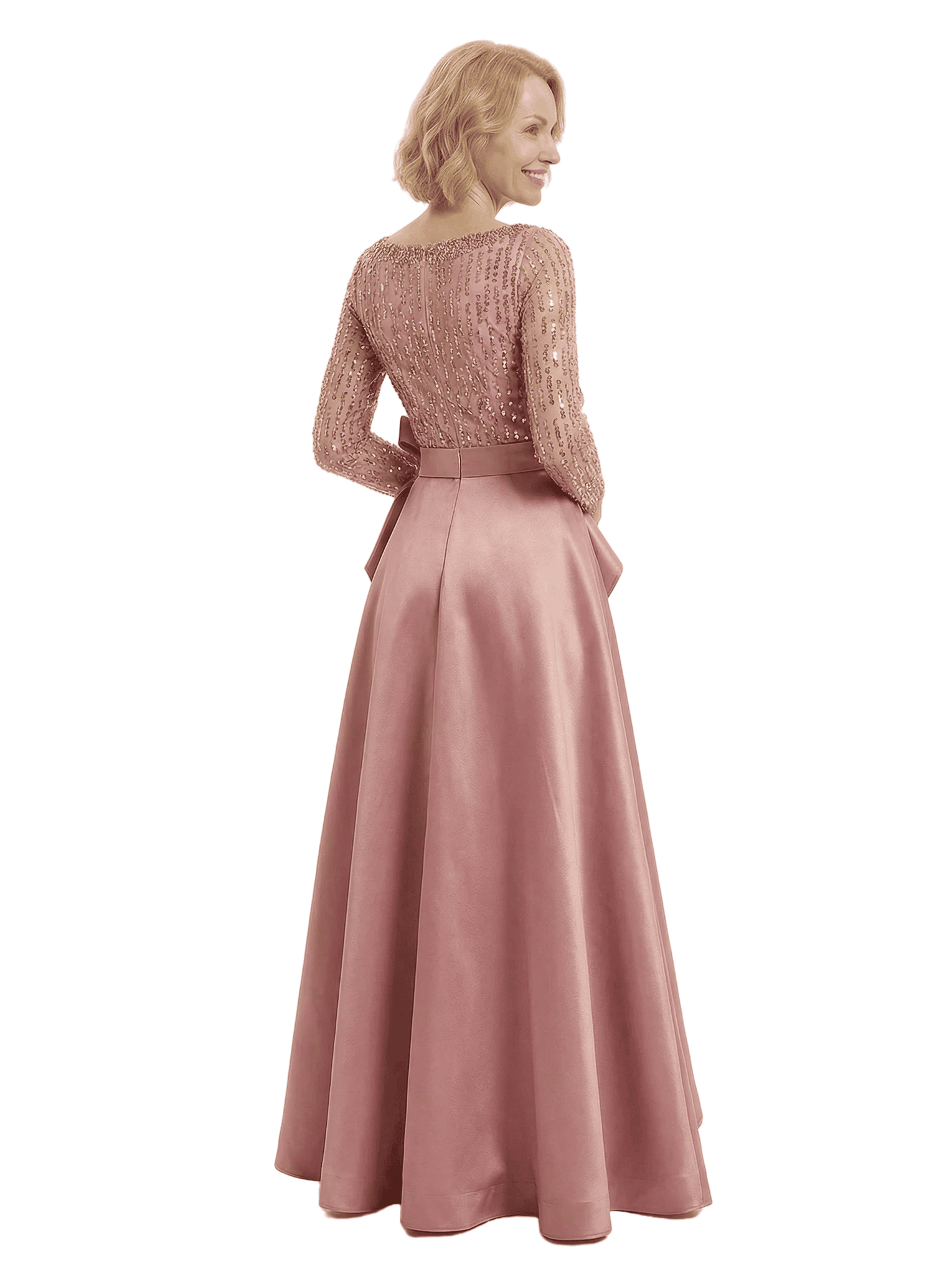 Fancy Silky Satin Ruffle Slit Sequin Long Sleeves A-Line Mother Of The Groom Gown