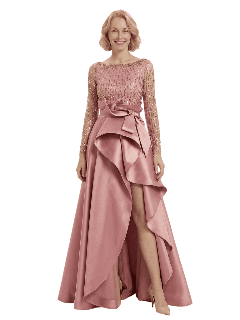 Fancy Silky Satin Ruffle Slit Sequin Long Sleeves A-Line Mother Of The Groom Gown