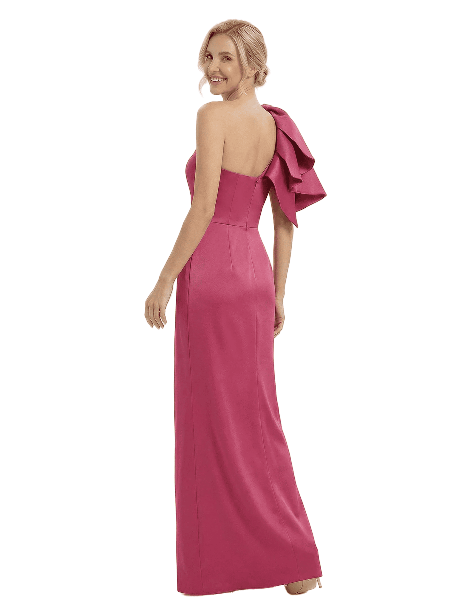 Modern One Shoulder Side Slit Satin Sheath Mother Of The Bride Dress With Bow Knot