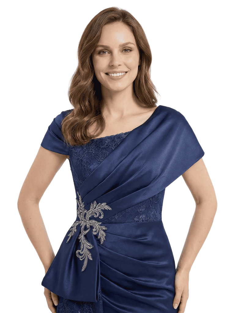 Classy Asymmetric Ruched Side Slit Silky Satin Long Mother Of The Groom Gown