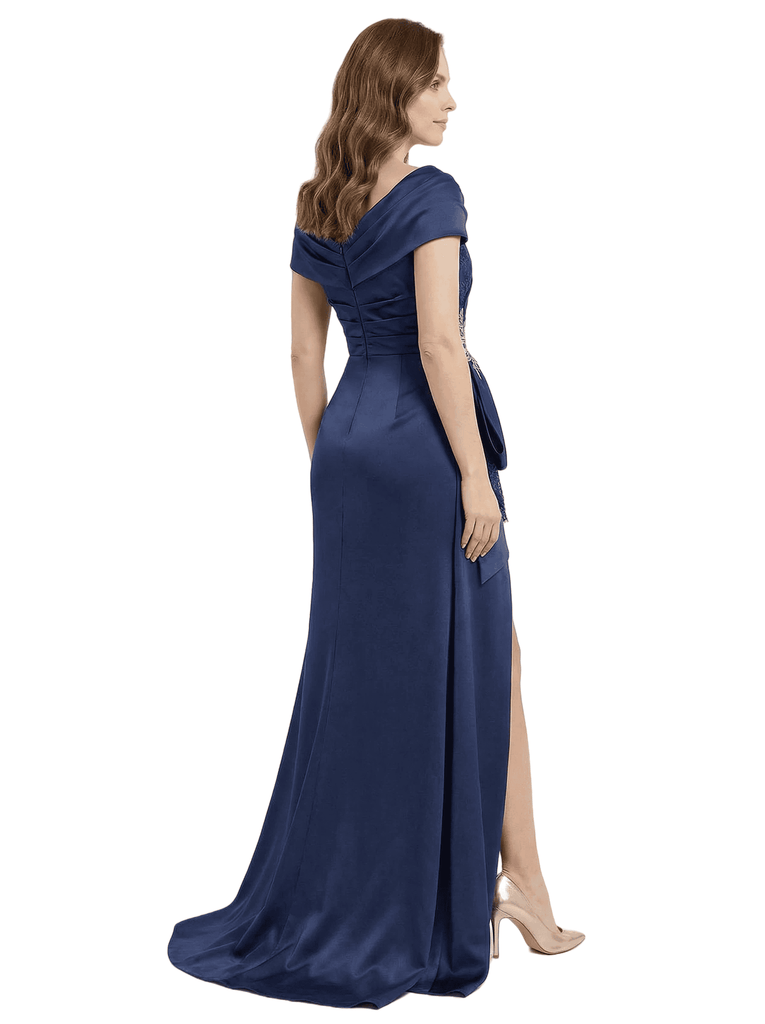 Classy Asymmetric Ruched Side Slit Silky Satin Long Mother Of The Groom Gown