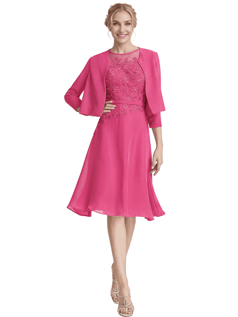 Chicsew Chic Short Lace Knee-Length A-Line Chiffon Mother Of The Groom Dress With Cute Jacket