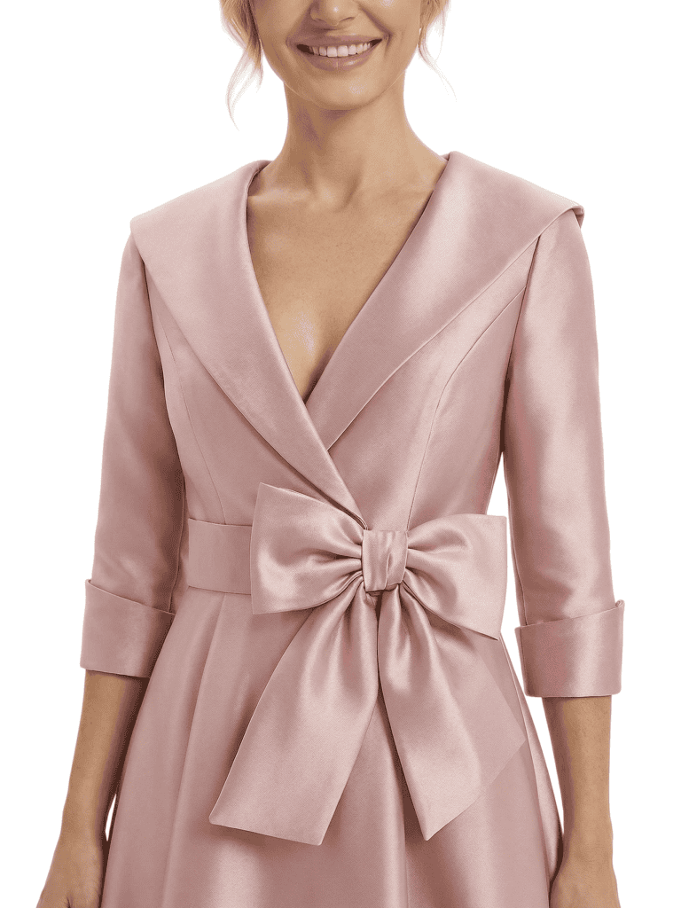 Chic Deep V-Neck 3/4 Sleeve Floor-Length With Bow Waist Mother of The Bride Satin Gown