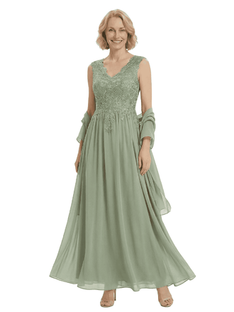 Elegant V-Neck Lace Applique Sleeveless A-Line Floor-Length Chiffon Mother Of The Bride Dress