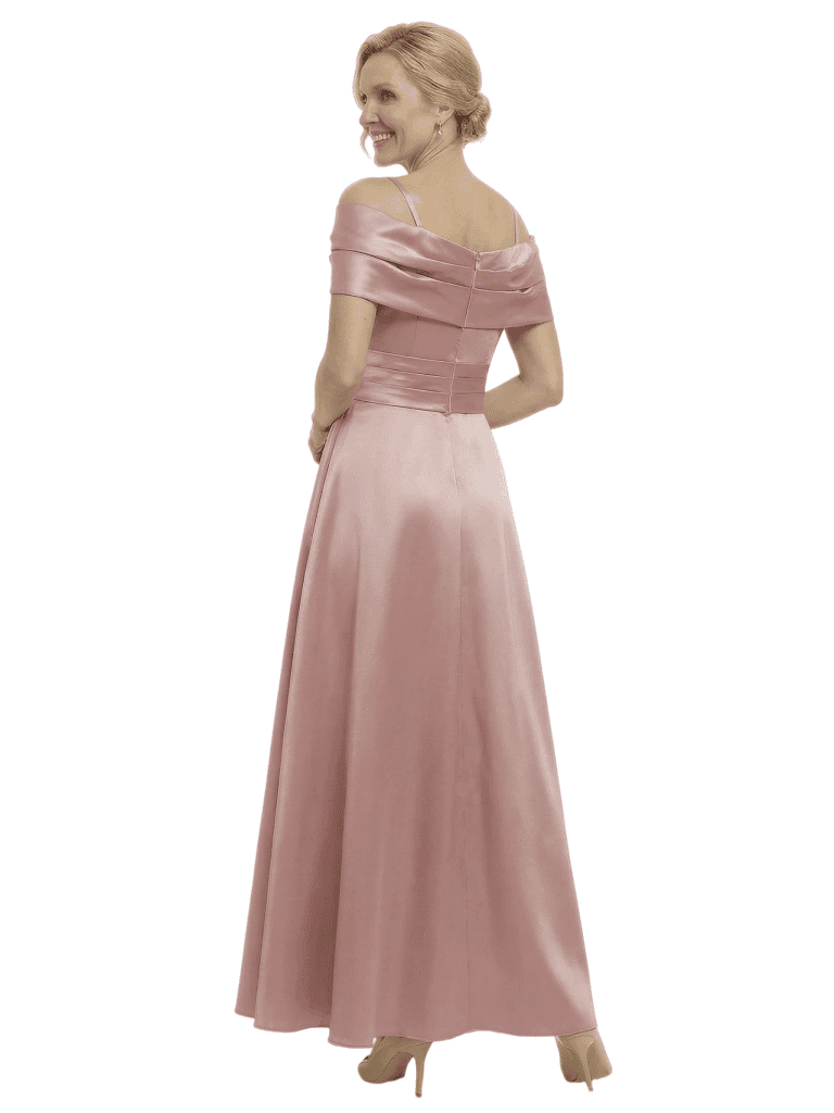 Elegant Off Shoulder Ruched Mother of The Groom Satin Gown With Sequin Detail