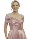 Elegant Off Shoulder Ruched Mother of The Groom Satin Gown With Sequin Detail