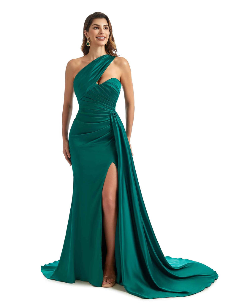 Sexy Side Split One Shoulder Mermaid Silky Satin Chic Long Bridesmaid Dresses Online