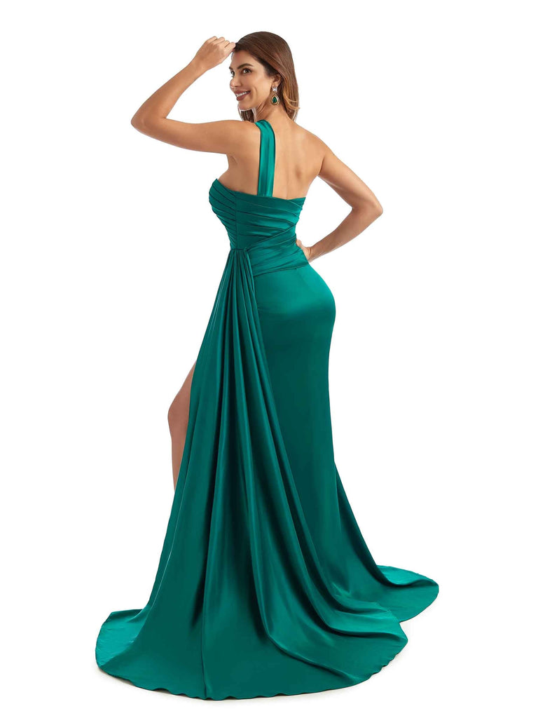 Sexy Side Split One Shoulder Mermaid Silky Satin Chic Long Bridesmaid Dresses Online