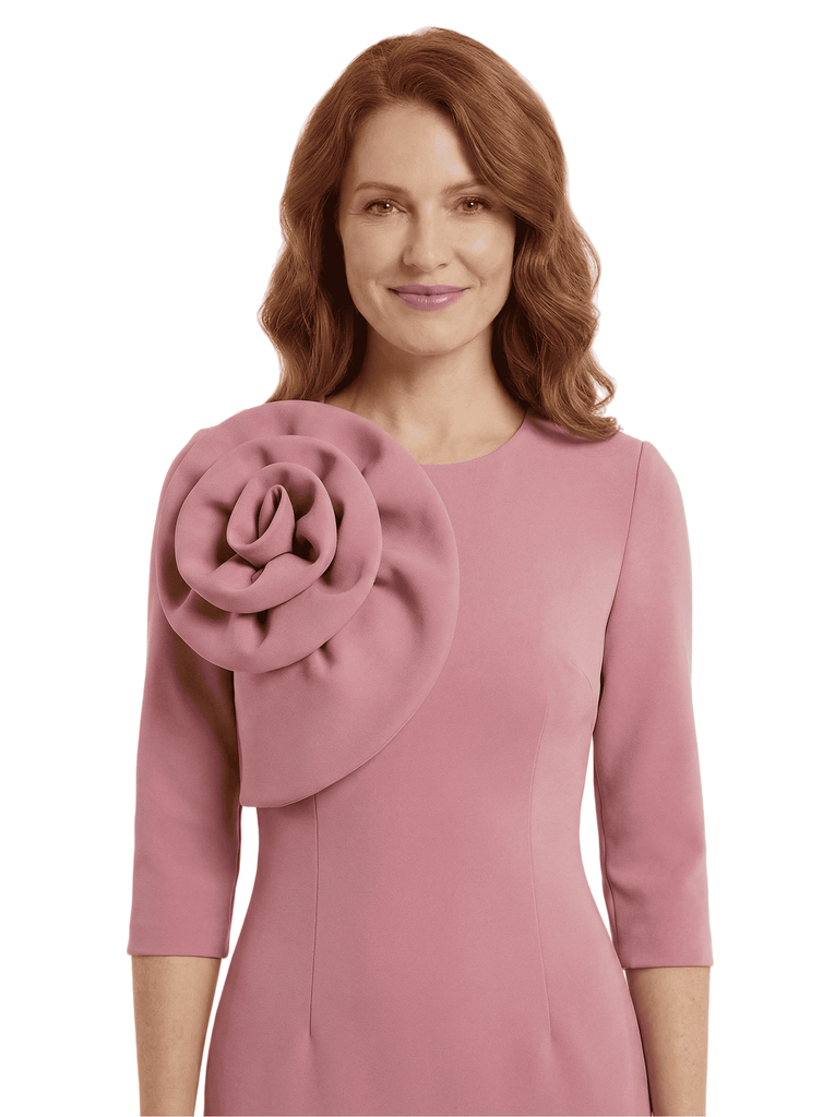 Chicsew Mother of The Groom Dress Unique Jewel 3/4 Sleeve Crepe Sheath Midi Gown Flower Accent