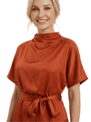 Chicsew Fashionable High Neck Short Sleeves With Pleated Asymmetric Hem Satin Mother Of The Bride Dress