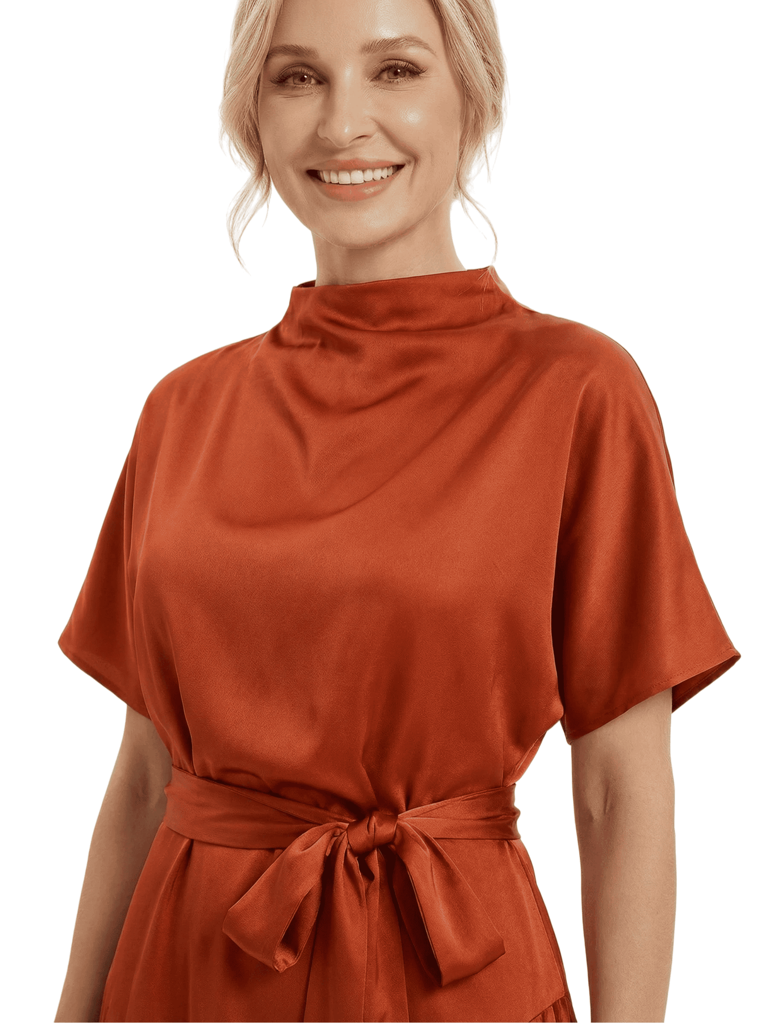 Chicsew Fashionable High Neck Short Sleeves With Pleated Asymmetric Hem Satin Mother Of The Bride Dress