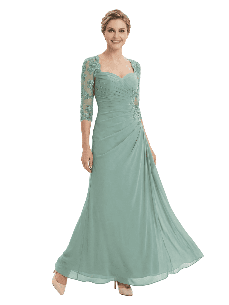 Chicsew Stunning Sweetheart Ruched Lace 3/4 Sleeves A-Line Chiffon Mother Of The Groom Dress