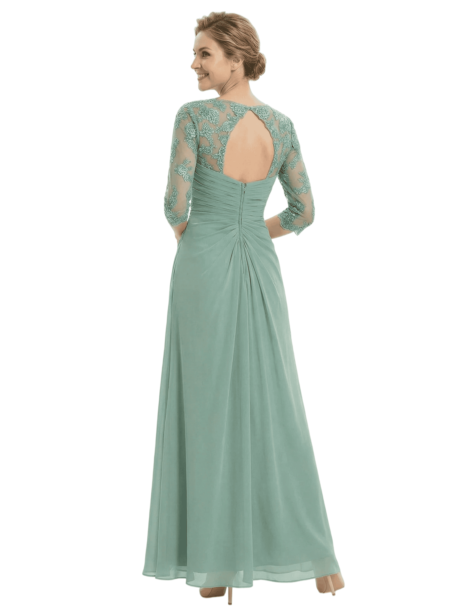 Chicsew Stunning Sweetheart Ruched Lace 3/4 Sleeves A-Line Chiffon Mother Of The Groom Dress