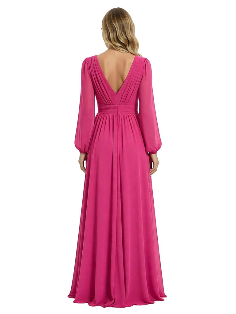 Chicsew Classy V-Neck Long Sleeves Ruched A-Line Chiffon Mother Of The Groom Dress