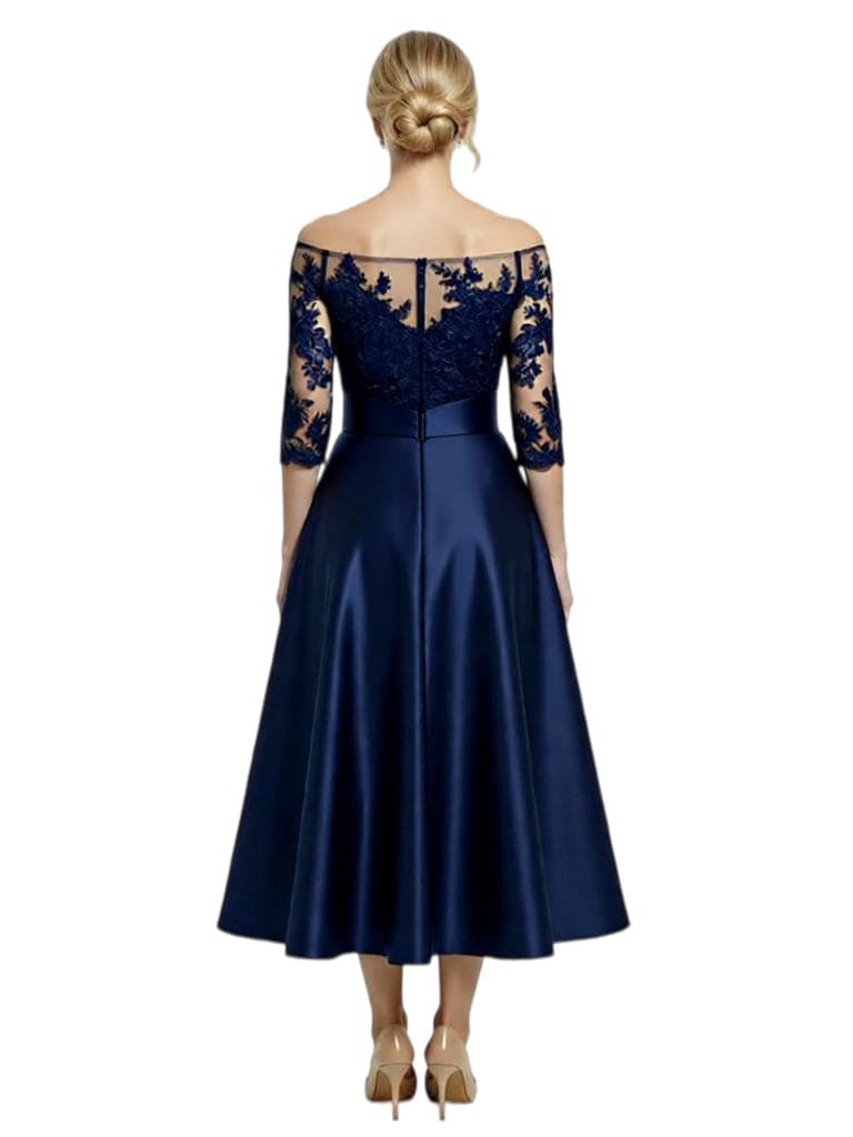 Chicsew Unique Off Shoulder Tea-Length Satin Mother Of The Bride Dress With Lace Illusion