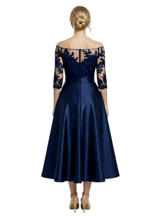 Chicsew Unique Off Shoulder Tea-Length Satin Mother Of The Bride Dress With Lace Illusion