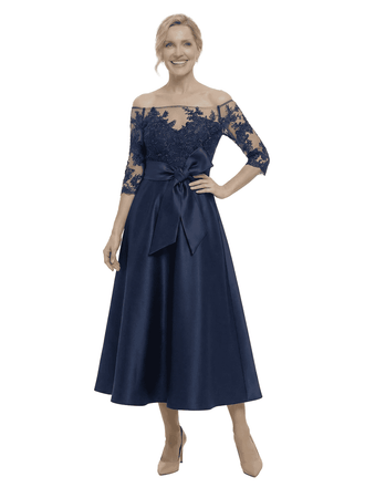 Chicsew Unique Off Shoulder Tea-Length Satin Mother Of The Bride Dress With Lace Illusion
