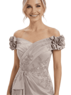 Chicsew Fancy Satin Off Shoulder Lace Appliques Ruched Mermaid Mother Of The Groom Gowns