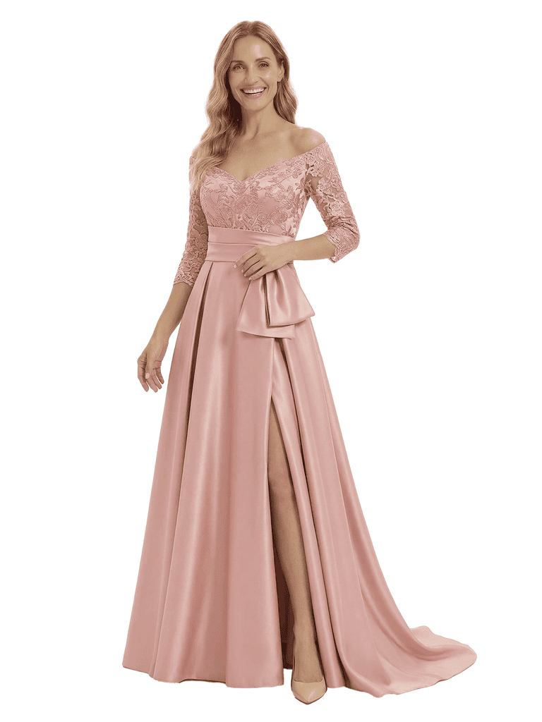 Chicsew Elegant Off Shoulder 3/4 Sleeves Ruffles A-Line Satin Mother Of The Bride Dress