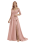 Chicsew Elegant Off Shoulder 3/4 Sleeves Ruffles A-Line Satin Mother Of The Bride Dress