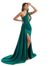 Sexy Side Split One Shoulder Mermaid Silky Satin Long Wedding Party Dresses Online