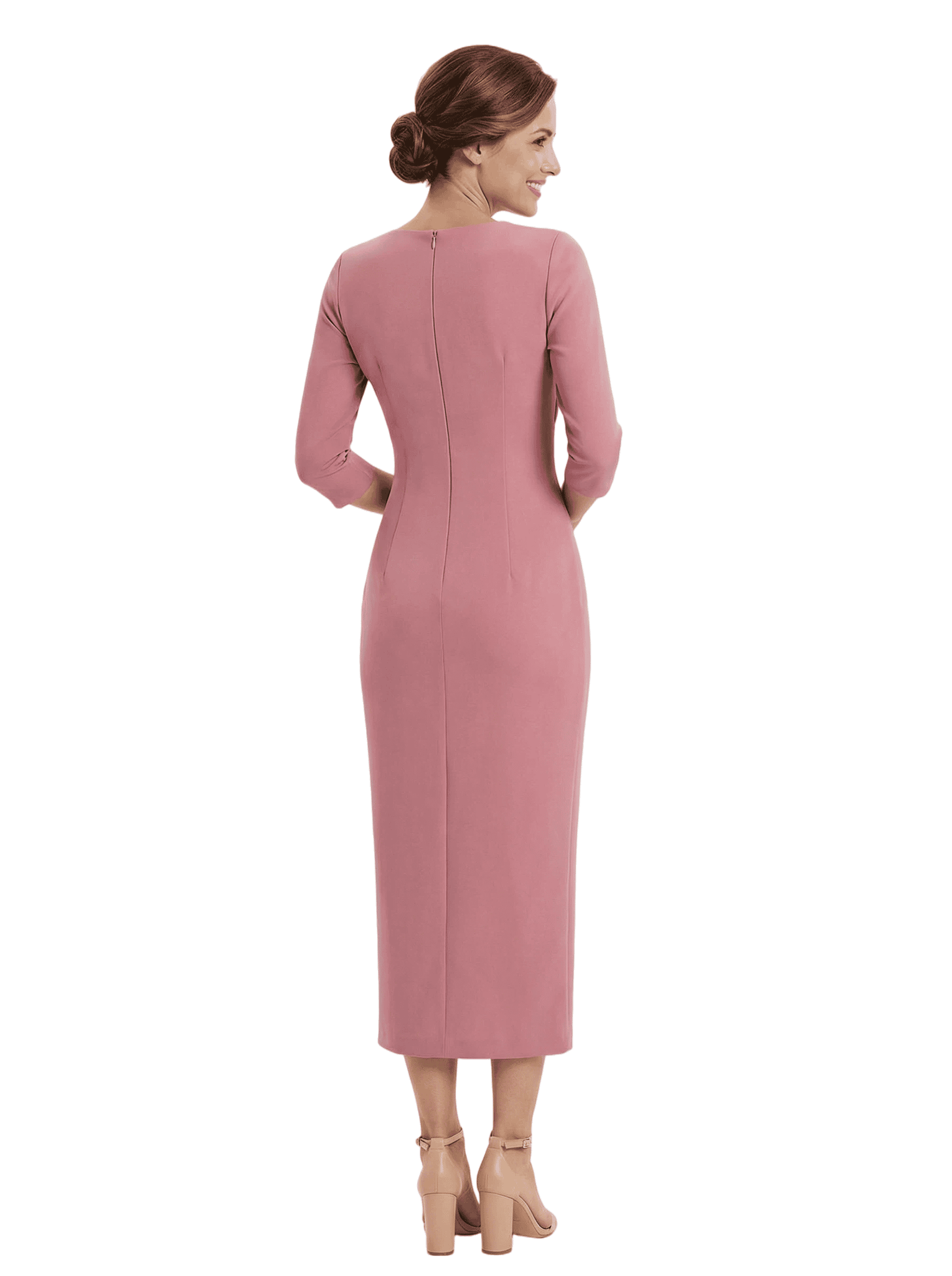 Chicsew Mother of The Groom Dress Unique Jewel 3/4 Sleeve Crepe Sheath Midi Gown Flower Accent